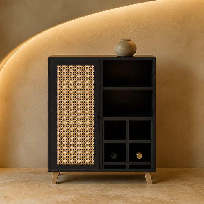 Farmhouse Sideboard with a natural rattan cane door, open shelf and six grid wine rack on tapered wood legs, styled in a warm evening dining room