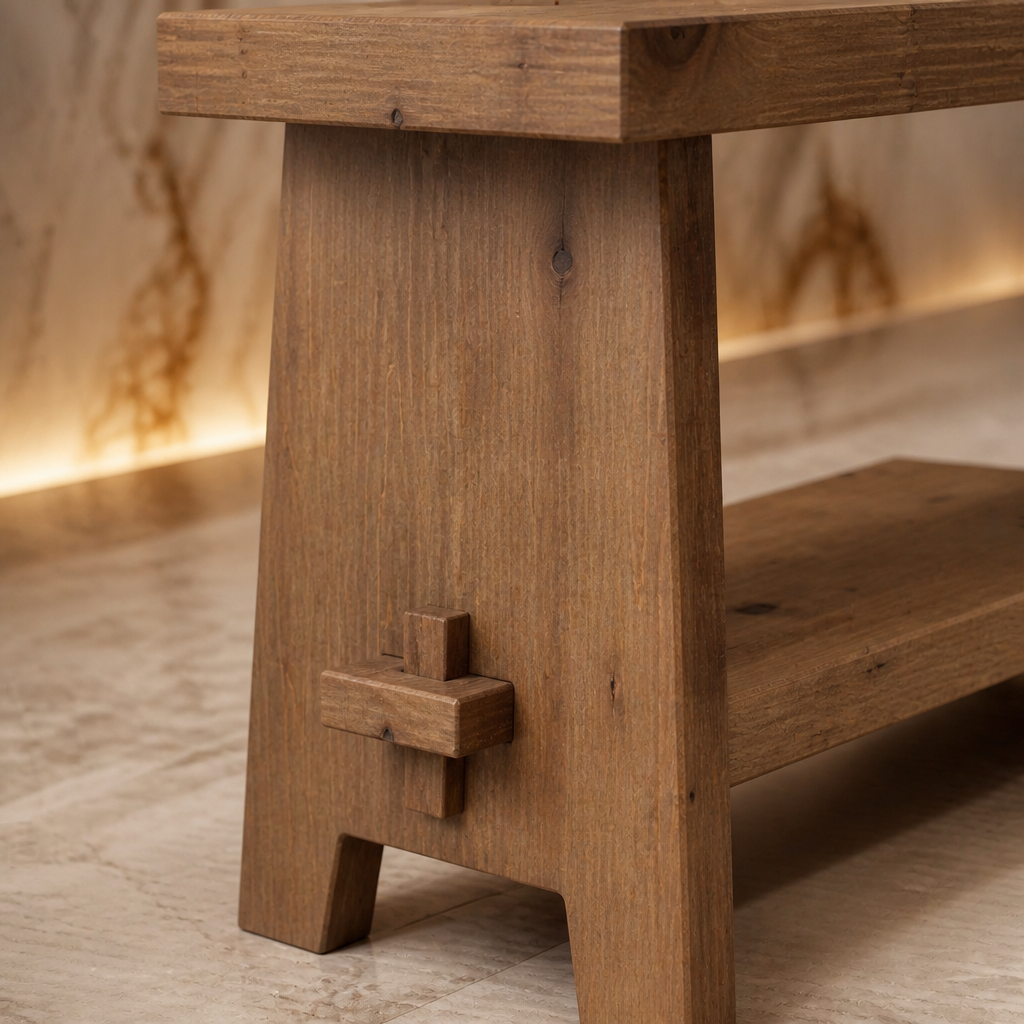 Farmhouse Solid Wood Bench in rustic fir with exposed mortise and tenon joinery and a lower shoe shelf, styled in a warm marble entrance hall (close detail)