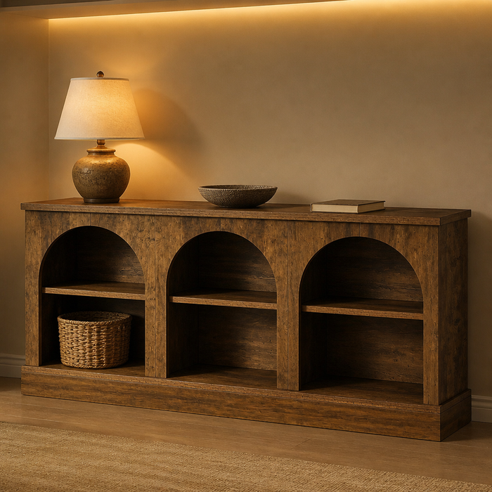 Farmhouse Wood Console Table II, three arched openings and six storage areas