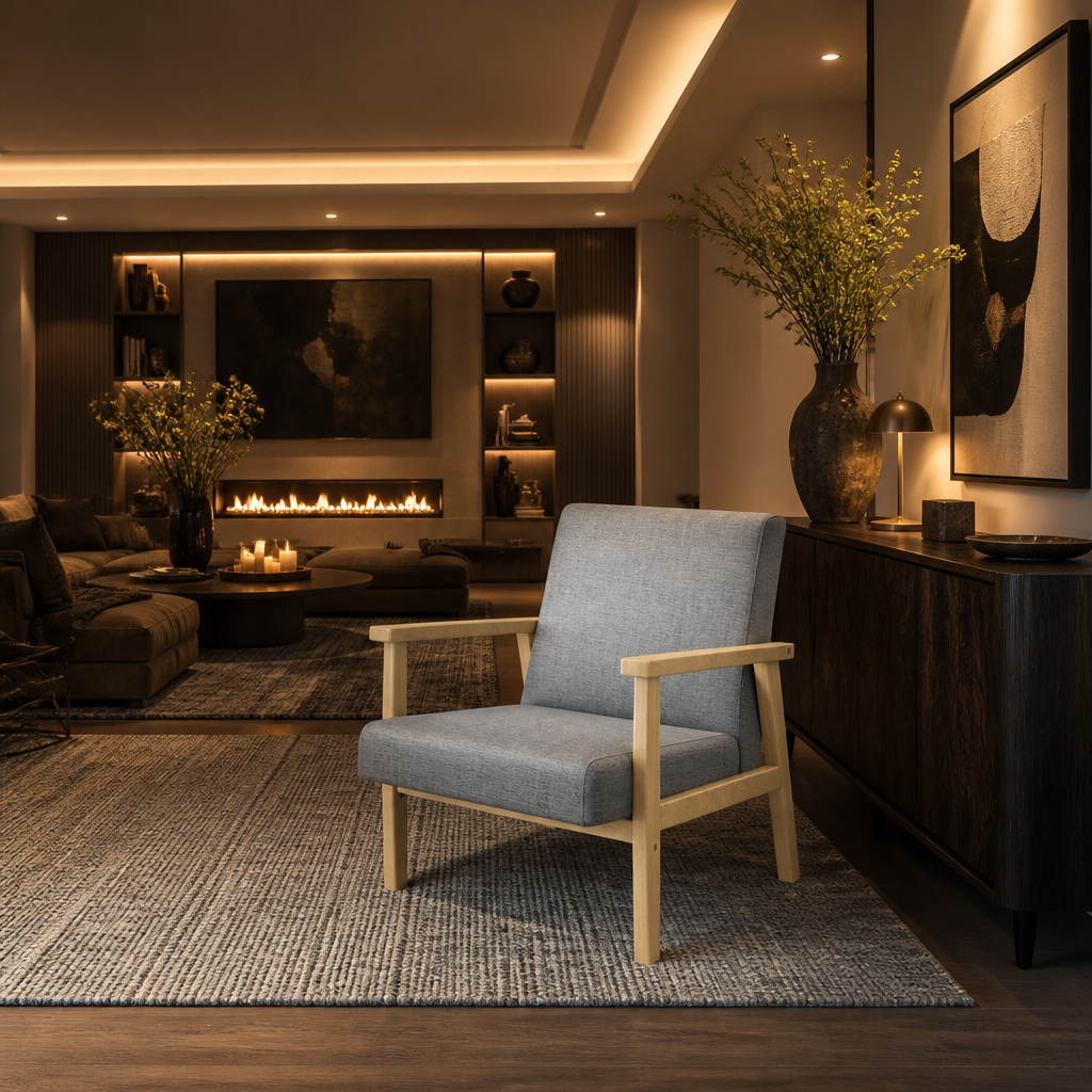 Wood frame accent chair beside a dark console under a tall stem of flowers