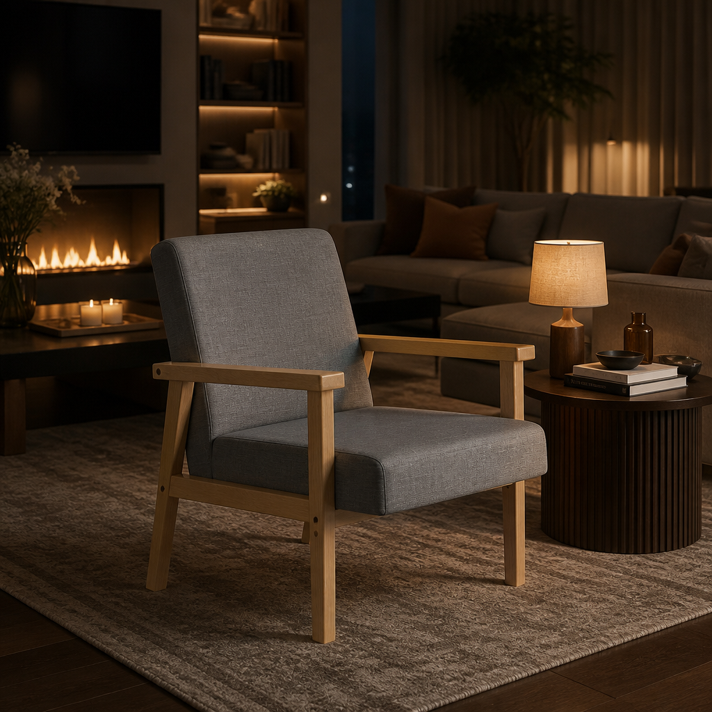 Grey linen accent chair pulled up beside a low side table with a shaded lamp