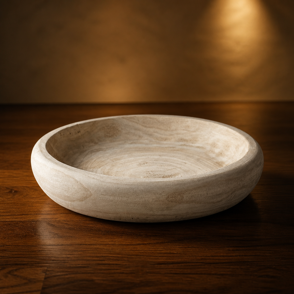 Farmhouse Natural Decorative Bowl, a shallow hand carved pale wood bowl with concentric grain, styled in a warm evening living room