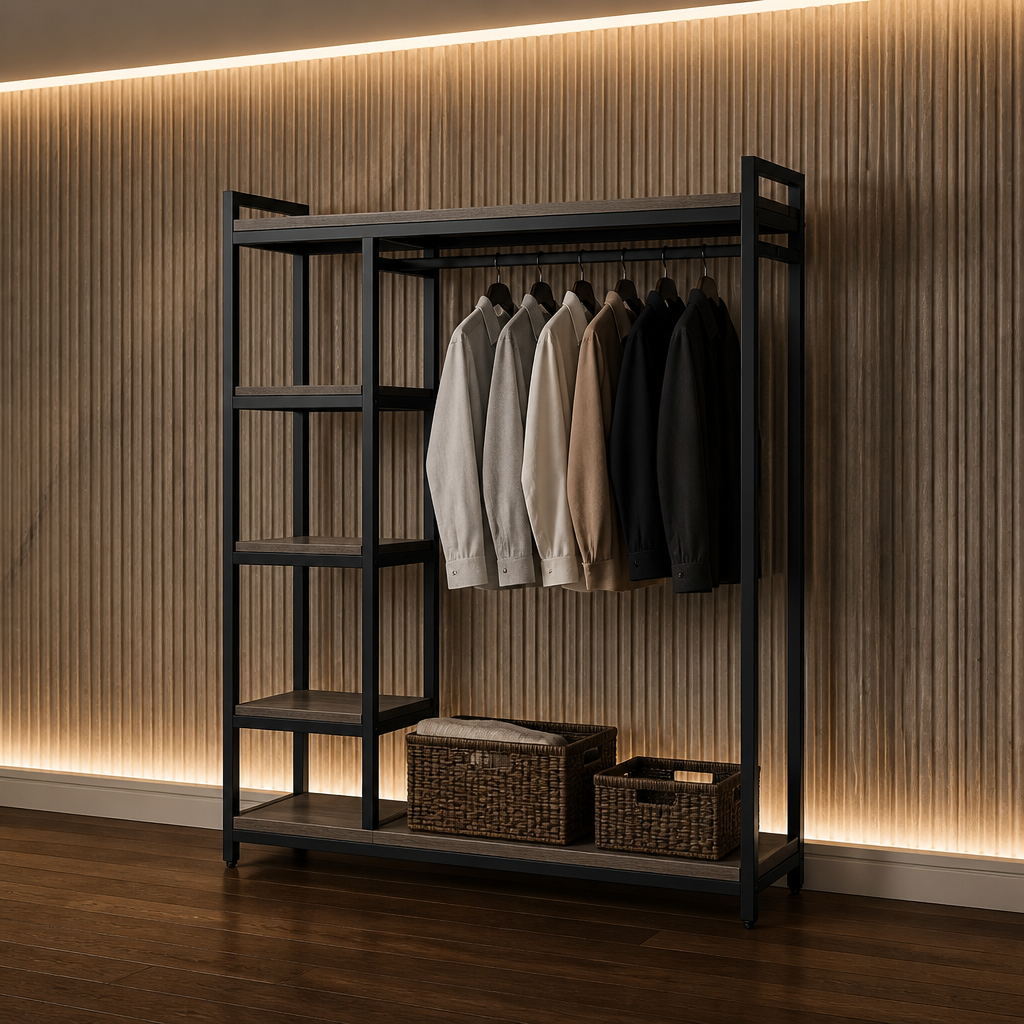 Free Wood Wardrobe shown complete in a styled evening interior