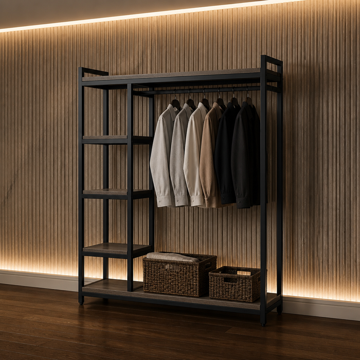 Free Wood Wardrobe shown complete in a styled evening interior