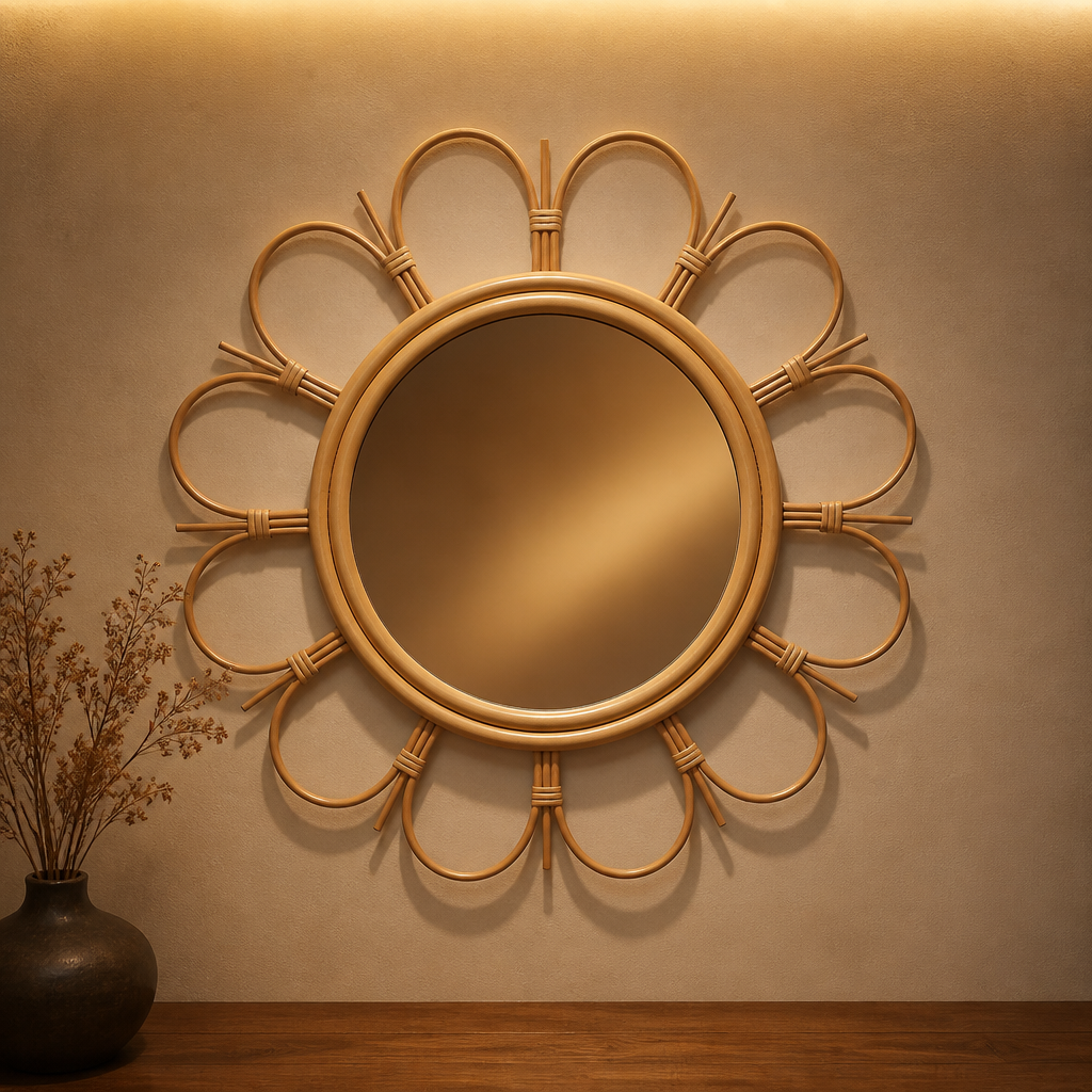 Handmade Farmhouse Rattan Mirror - hero view on a cove lit plaster wall