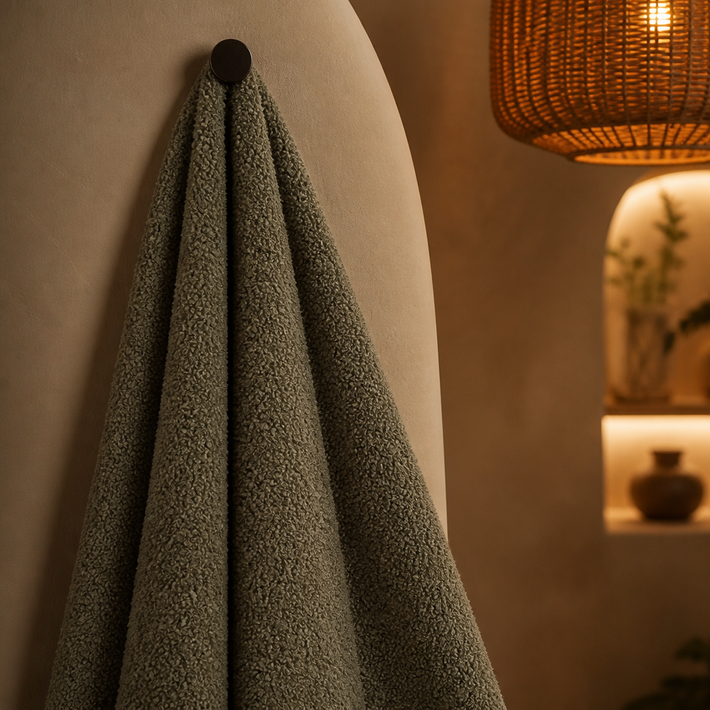 Hiend Farmhouse Boucle Throw Blanket - hung from a peg, close cropped