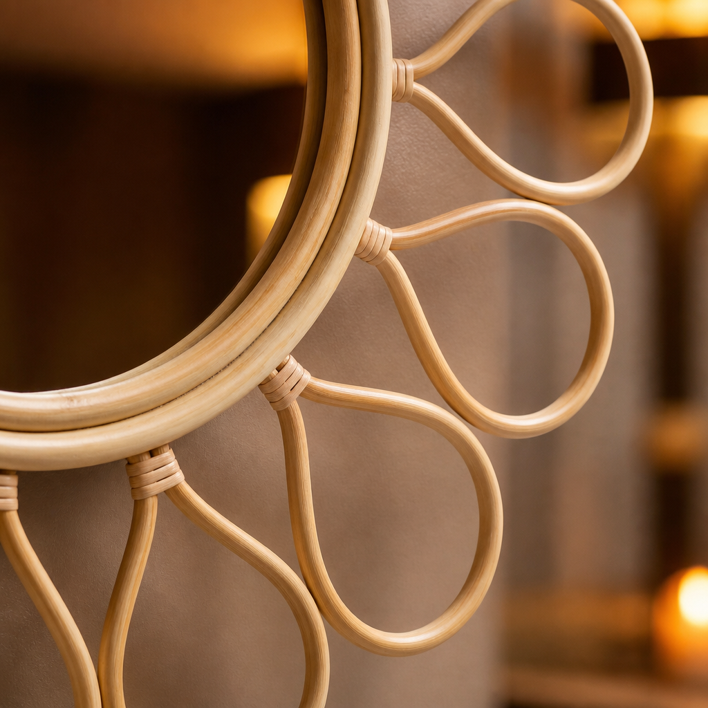 Handmade Farmhouse Rattan Mirror - detail of the rattan petal loops and binding