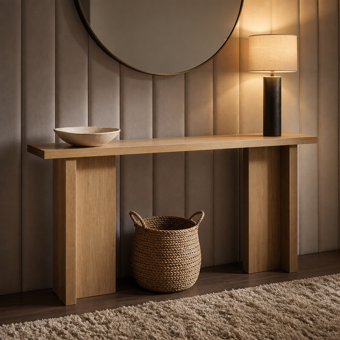 Farmhouse Wood Console Table III, 160 cm honey oak slab on two panel legs