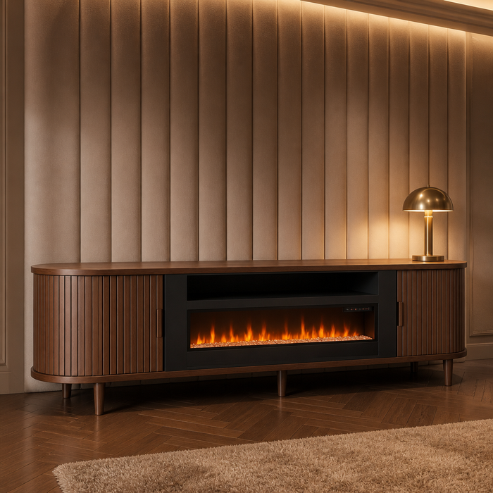 Fluted Mid-Century Walnut TV Stand — The fireplace console alone against a full height channelled upholstered wall panel