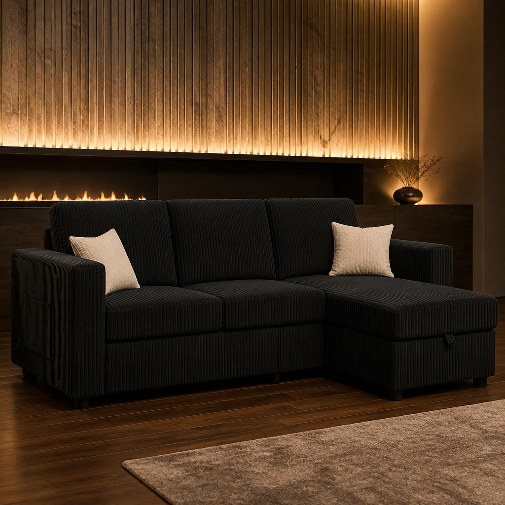 Black corduroy L shaped sectional with a storage chaise against a lit stone wall
