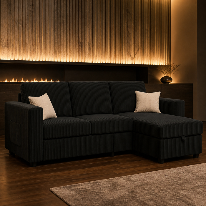 Black corduroy L shaped sectional with a storage chaise against a lit stone wall