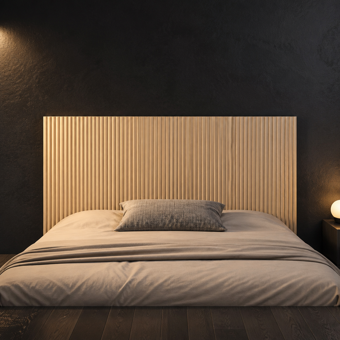 Farmhouse Wood Headboard, fluted pale oak panel behind a queen bed