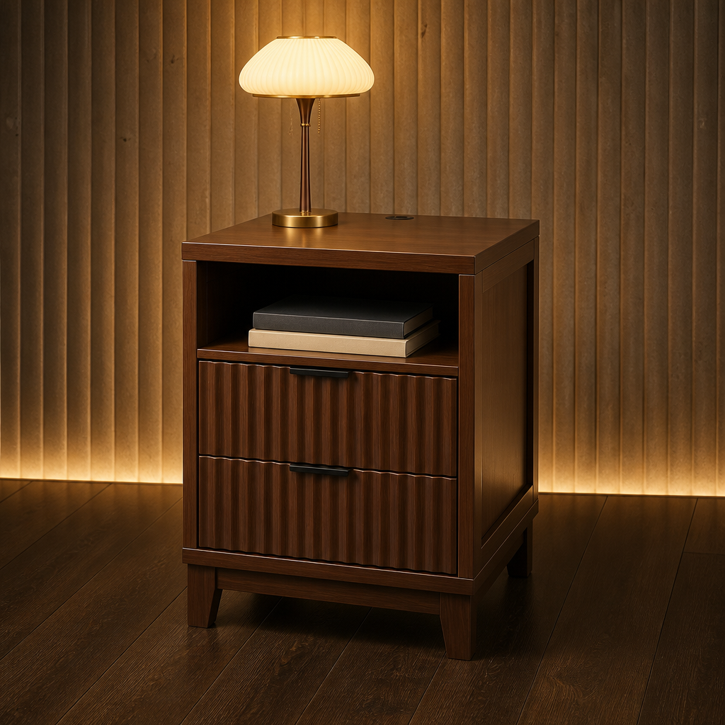 Fluted Modern Walnut Nightstand — The nightstand alone against a backlit fluted stone wall, one ribbed lamp lit on top
