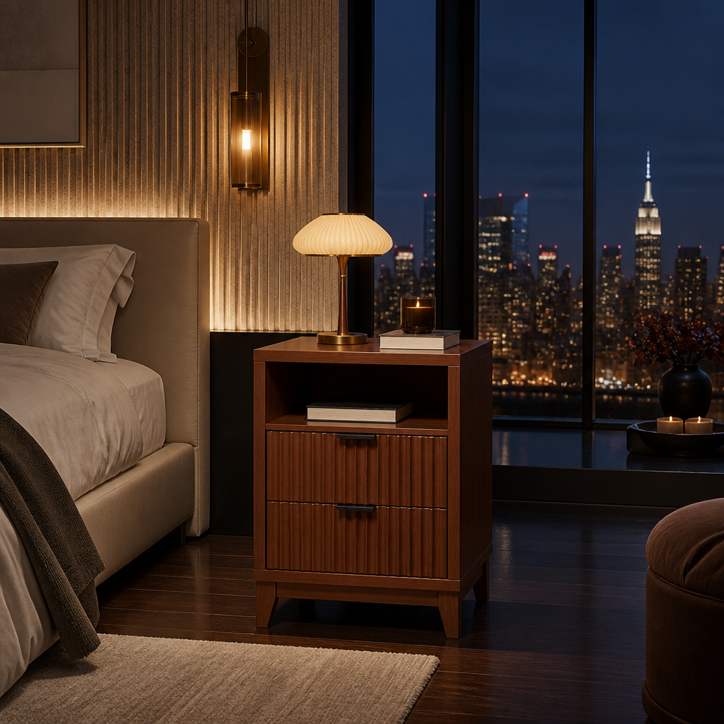 Fluted Modern Walnut Nightstand — Beside a low upholstered bed with black framed glazing and a lit skyline behind