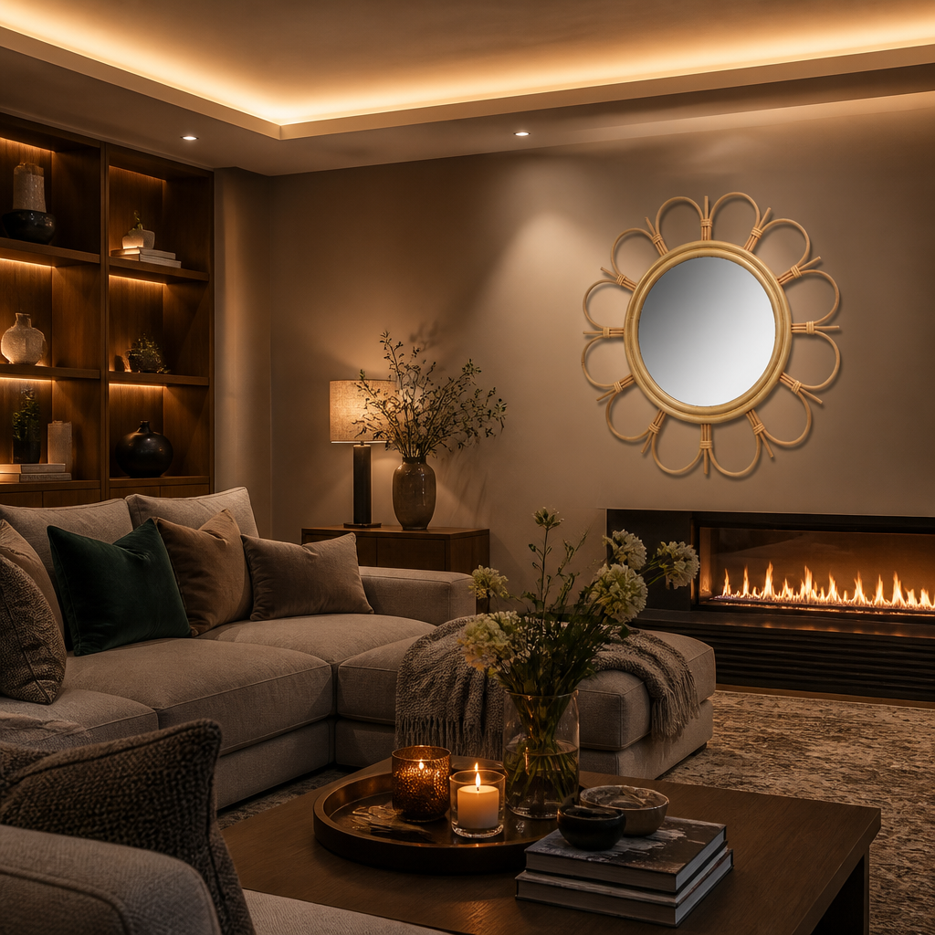 Handmade Farmhouse Rattan Mirror - beside a linear fire in a styled lounge