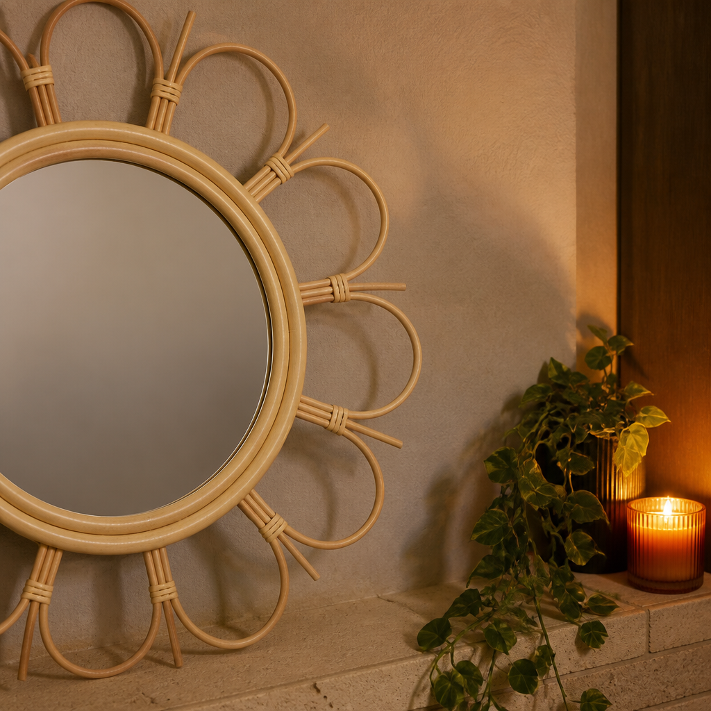 Handmade Farmhouse Rattan Mirror - leaning on a low ledge, close cropped
