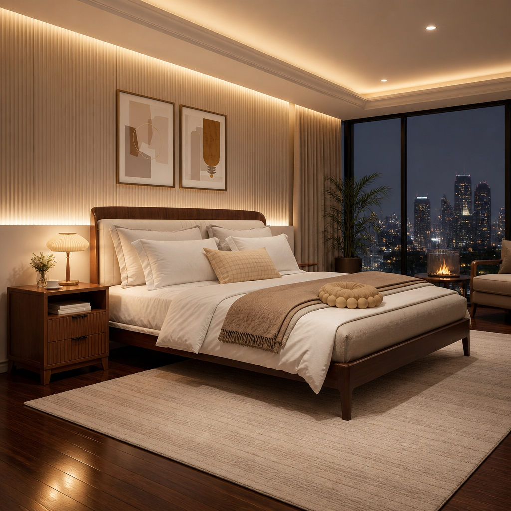 Fluted Modern Walnut Nightstand — Pulled back into the room, perimeter cove glowing along the dropped ceiling