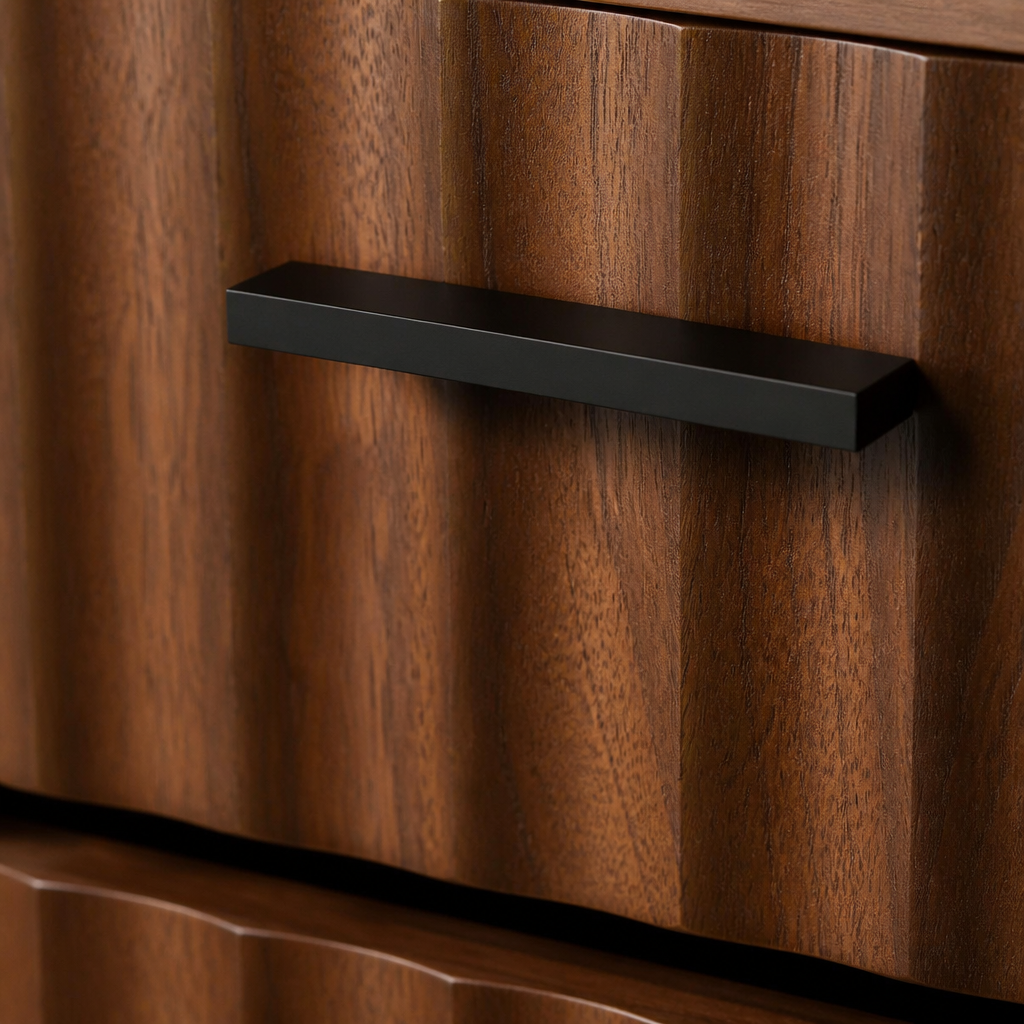 Fluted Modern Walnut Nightstand — Extreme close on one fluted drawer front and its black bar pull