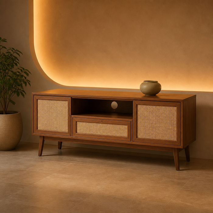 Finley Mid-Century Rattan TV Stand, walnut console with two cane doors and a cane drawer