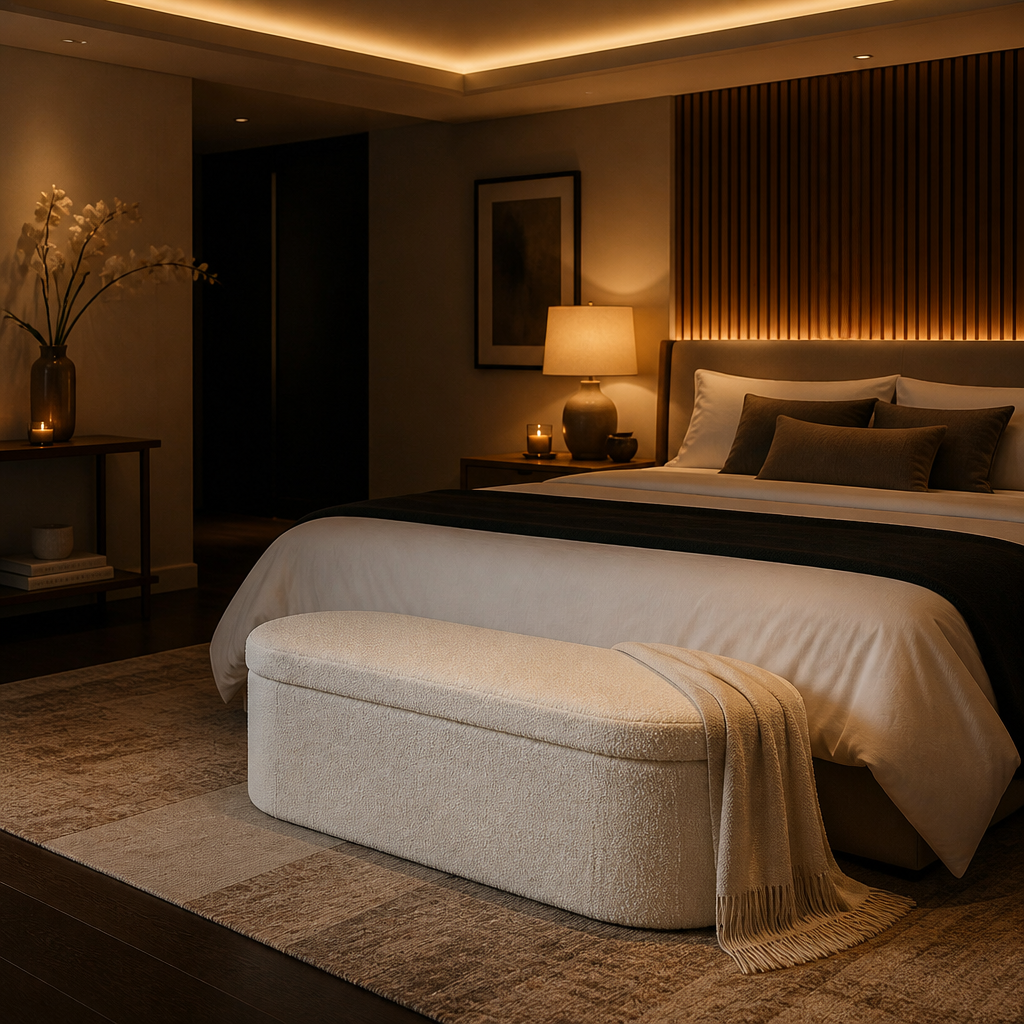 Foldable Boucle Ottoman styled in a full room setting