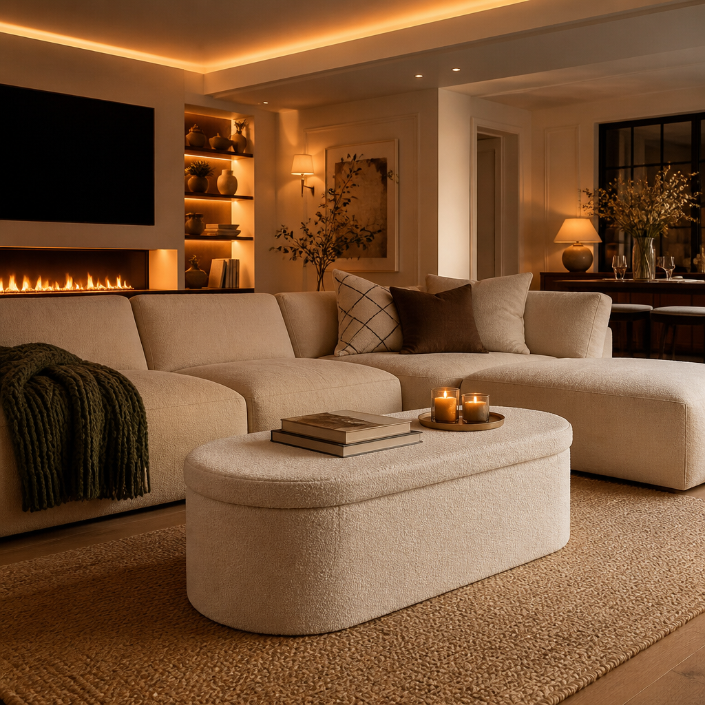 Foldable Boucle Ottoman styled in a full room setting