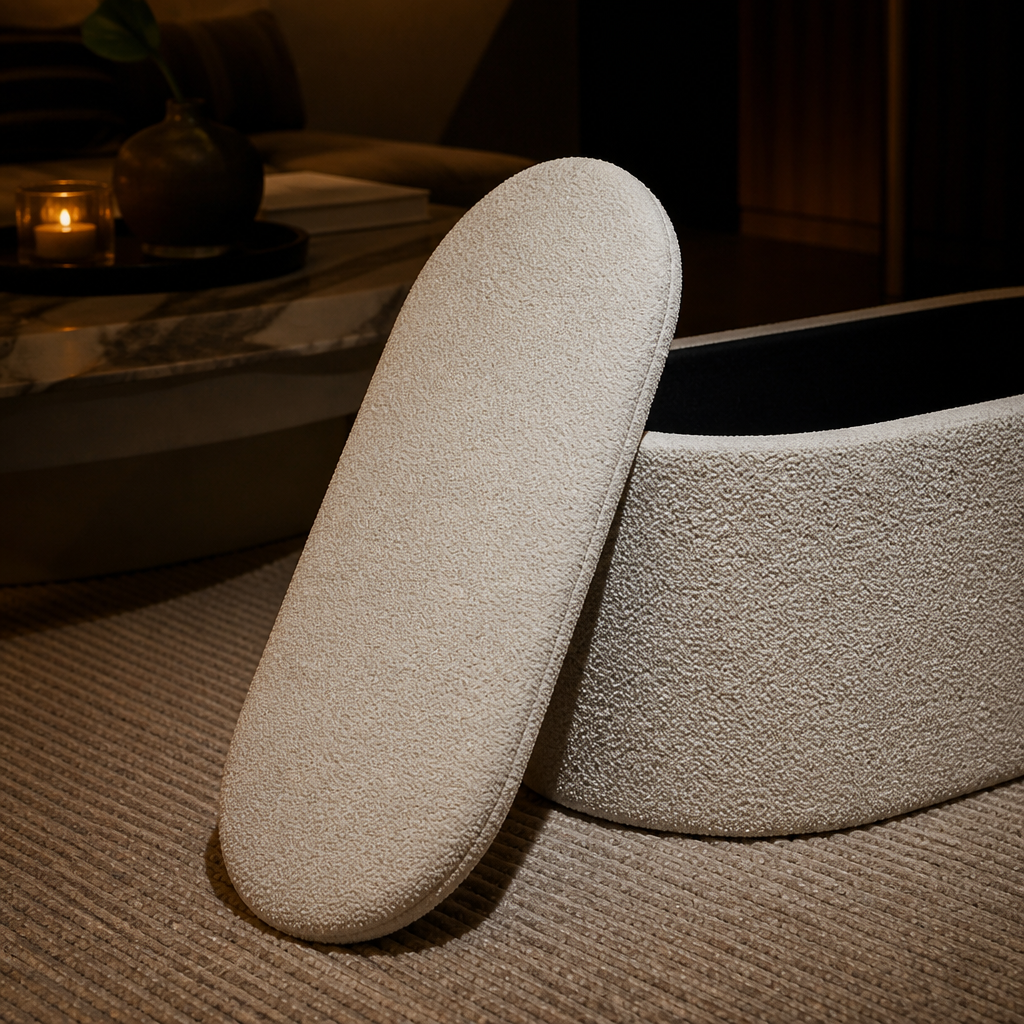 Foldable Boucle Ottoman part view showing one section in detail