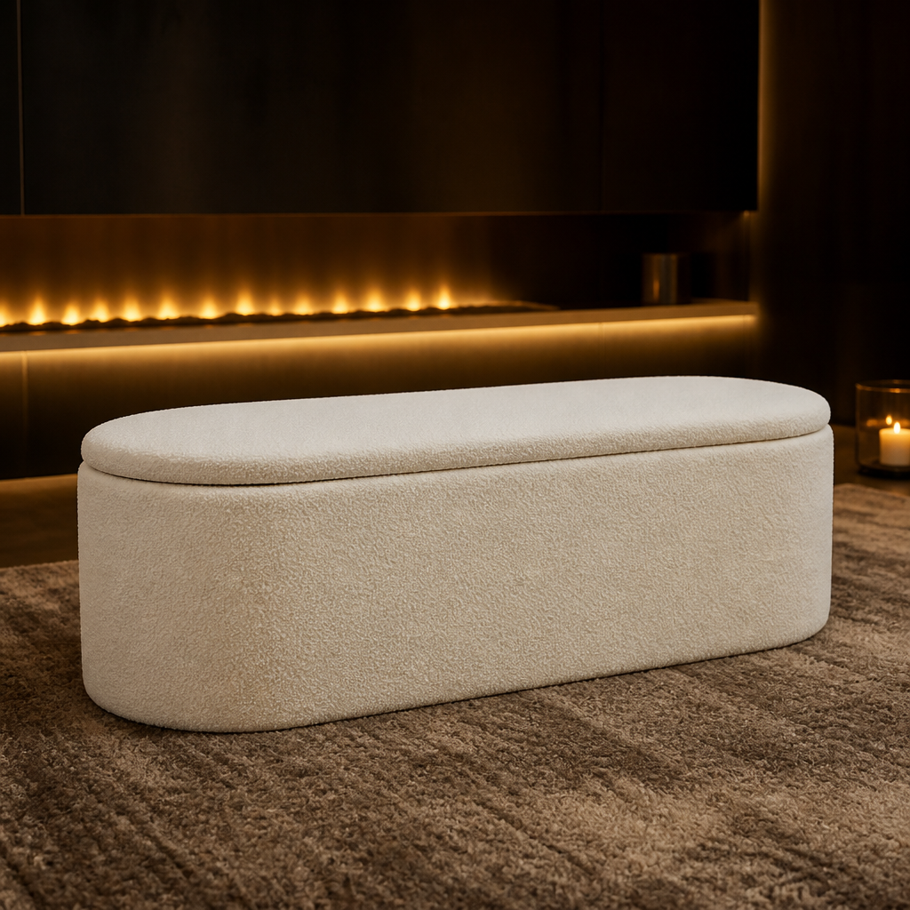 Foldable Boucle Ottoman shown complete in a styled evening interior