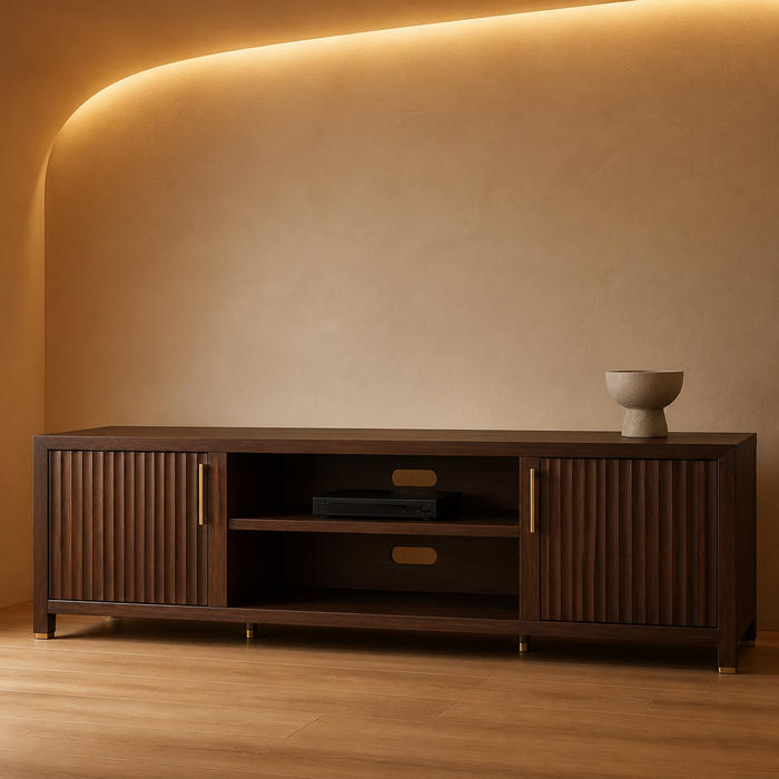 Fluted Modern Walnut TV Stand — The console alone against a curved plaster wall washed by a hidden cove strip