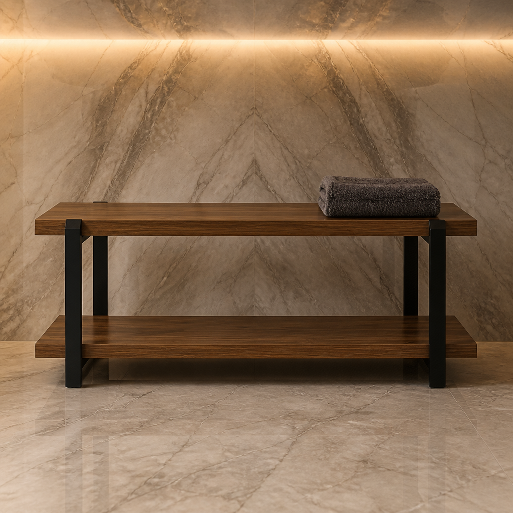 Two tier walnut entryway bench with black steel legs and a full length lower shelf