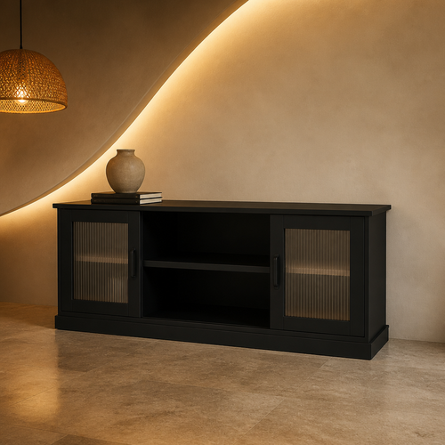 Black TV stand with reeded glass end doors and an open centre bay