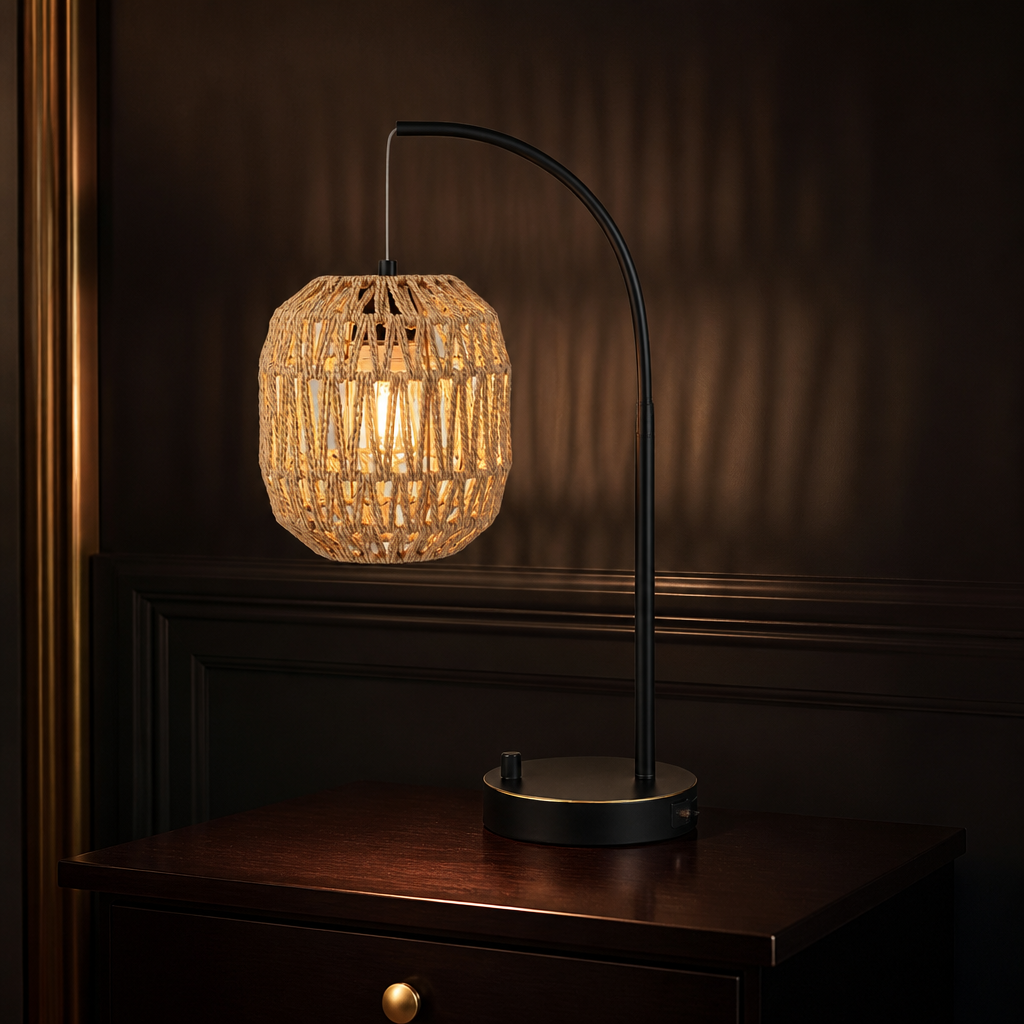 Handmade Boho Rattan Table Lamp - hero view lit on a dark bedside table