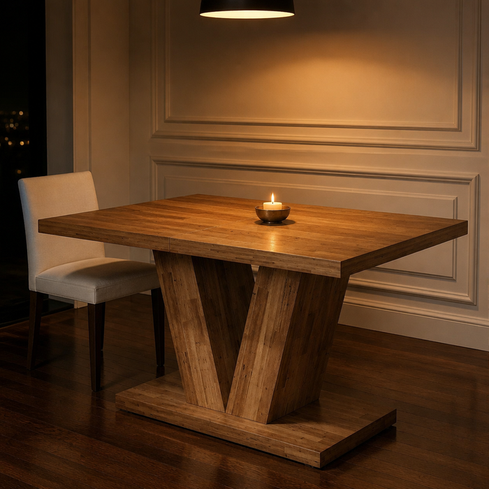 Farmhouse White Dining Table in Walnut Brown, all-wood top on V trestle base, evening dining room