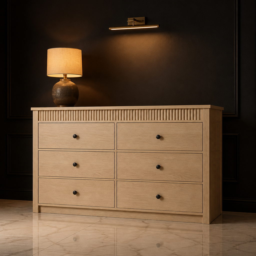 Fluted Modern Wood TV Stand — The oak six drawer dresser alone against a near black lacquered wall on pale marble