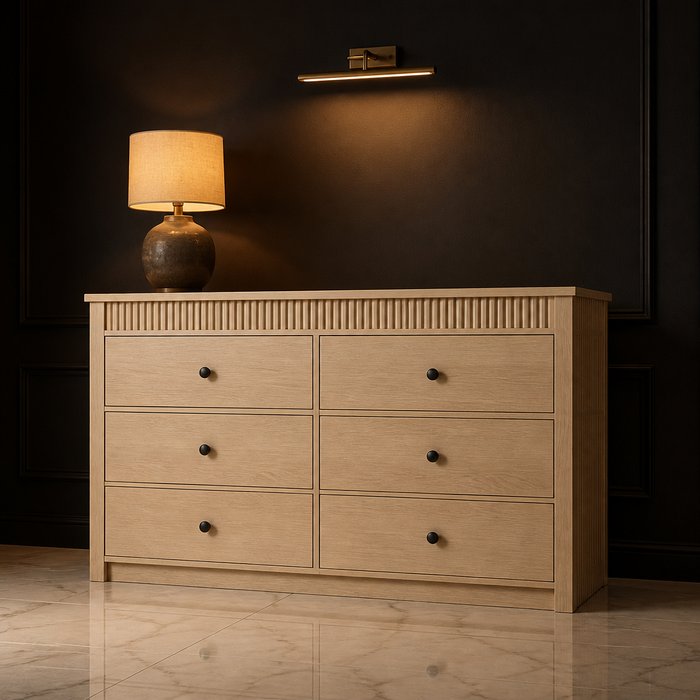 Fluted Modern Wood TV Stand — The oak six drawer dresser alone against a near black lacquered wall on pale marble