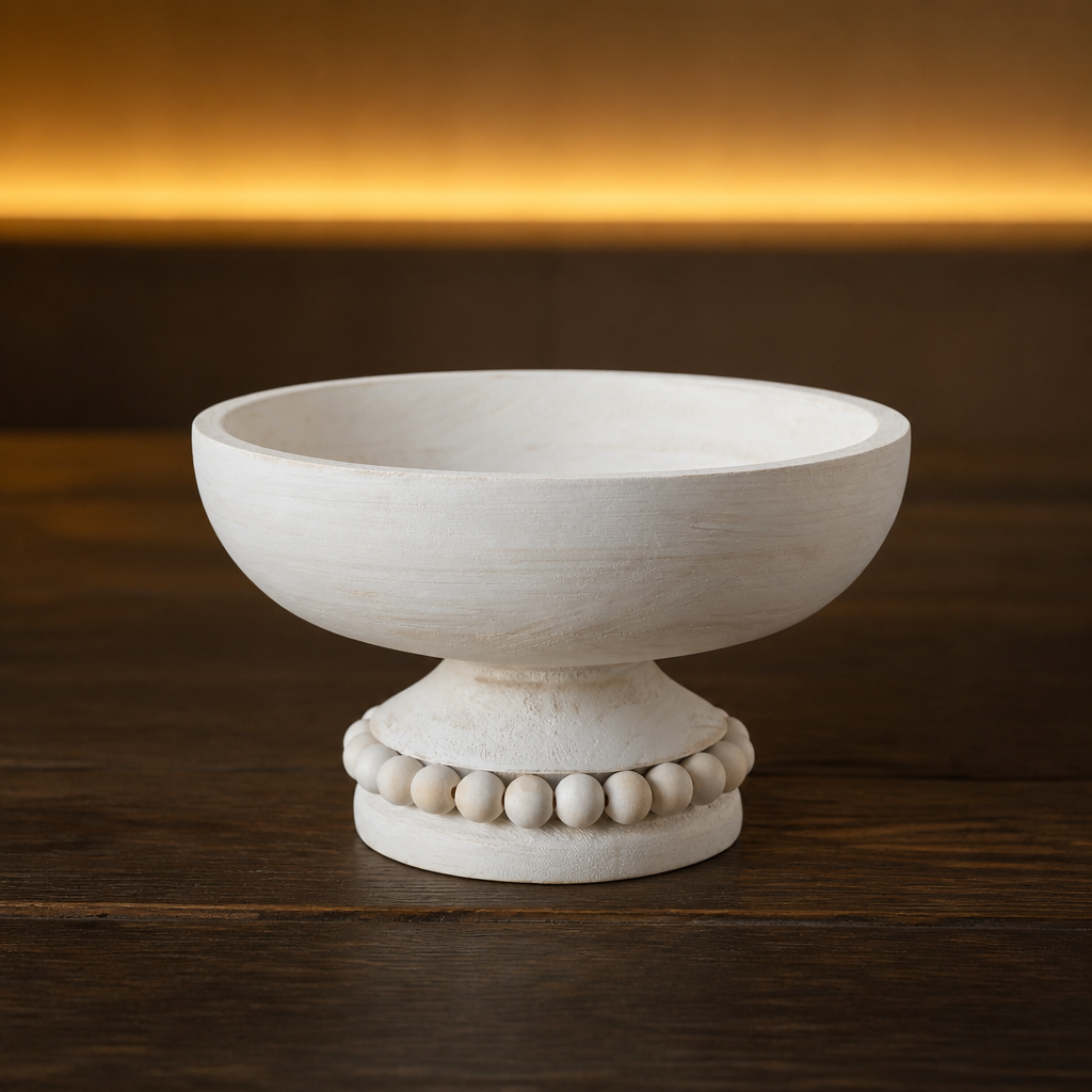 Whitewashed wood pedestal bowl with a ring of natural wood beads around the base