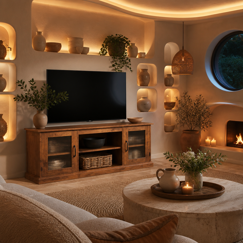 TV stand in rustic brown with reeded glass doors, styled beneath a wall mounted television