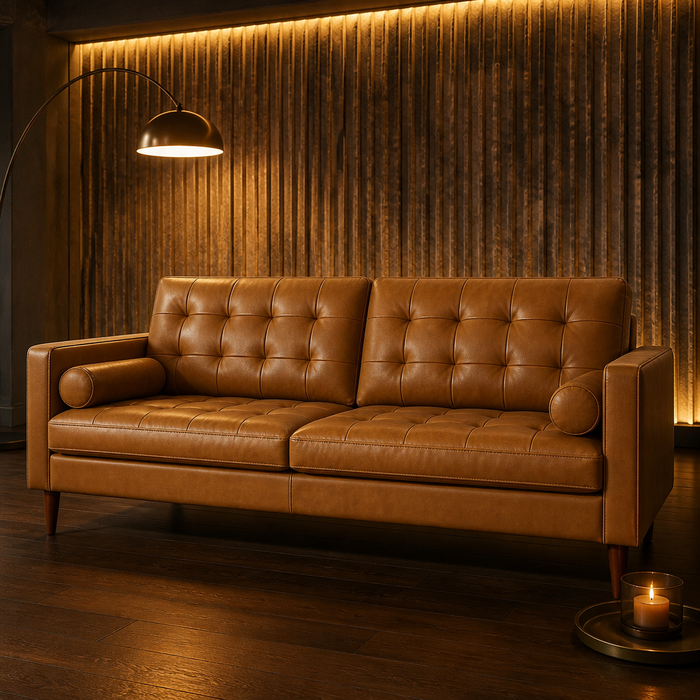 Leather Mid-Century Top Grain Sofa, hero view in a styled evening interior