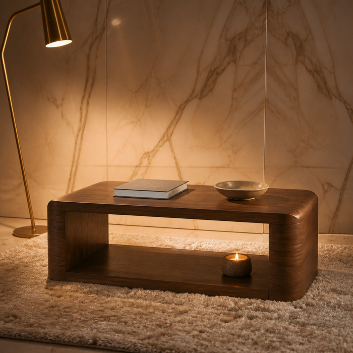 Juliet Walnut Coffee Table styled in a living room, hero view