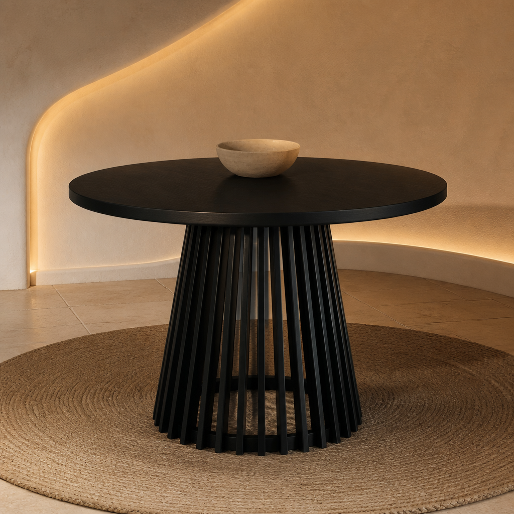 Lido Minimalist Solid Wood Dining Table, hero view in a styled evening interior