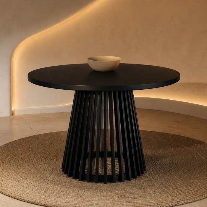 Lido Minimalist Solid Wood Dining Table, hero view in a styled evening interior