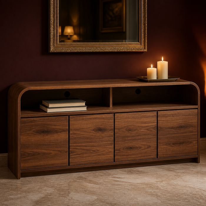 Juliet Walnut TV Stand styled in a living room, hero view