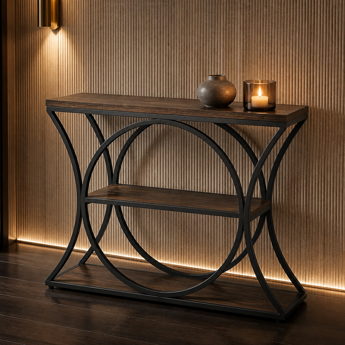 Industrial Metal Console Table II, three tier rustic walnut and black steel console styled in an entryway