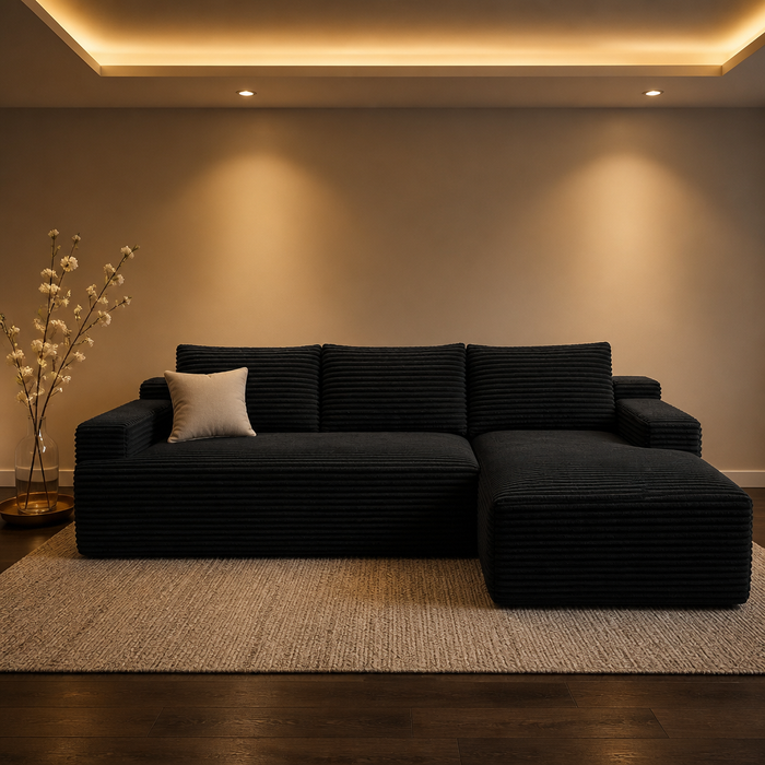 L-Shaped Corduroy Sectional Sofa, full view styled in a warm evening interior