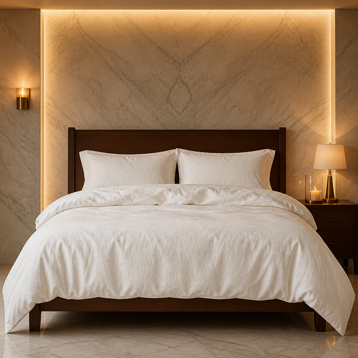 Linen White Duvet Set dressed on a king bed against a marble headboard wall