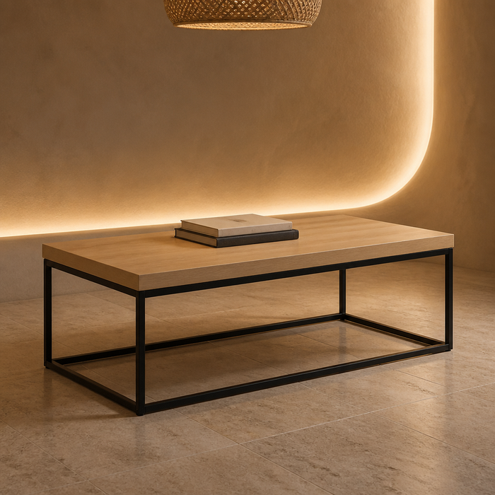 Industrial Solid Oak Coffee Table, pale oak slab top on a slim black steel frame