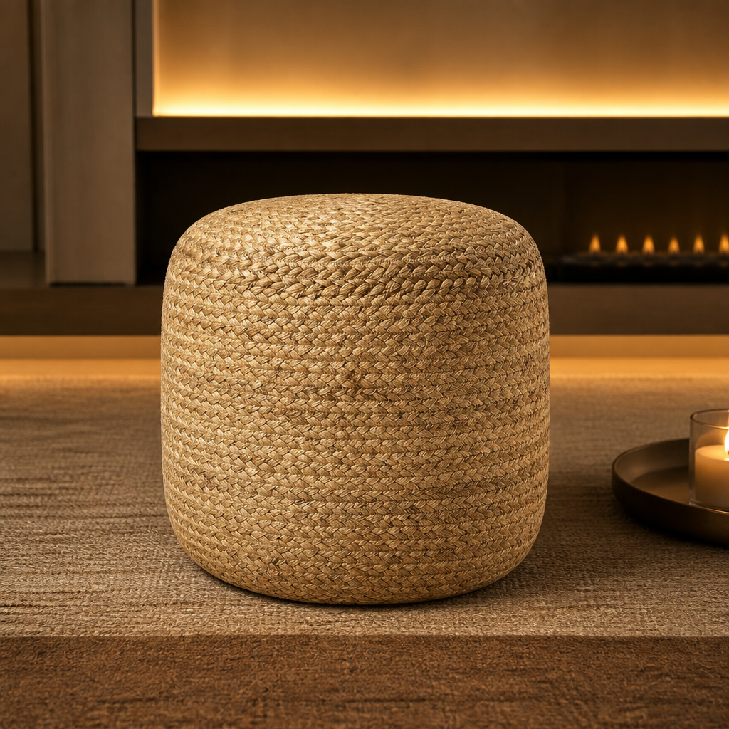 Jute Natural Ottoman styled in a living room, hero view