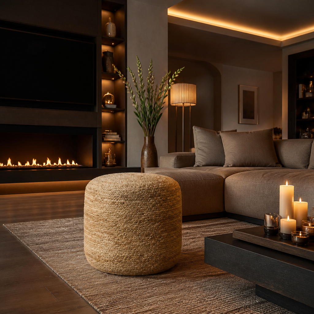 Jute Natural Ottoman styled in a living room, full view