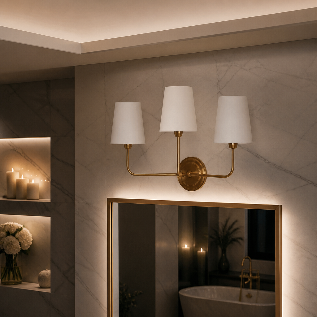 Lighting Modern Metal Wall Sconce, full view staged in a styled evening interior