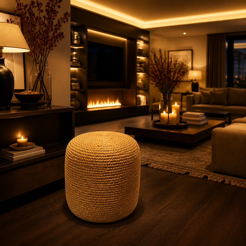Jute Natural Ottoman styled in a living room, full view
