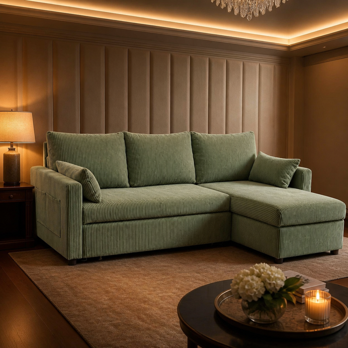 L-Shaped Corduroy Sleeper Sofa, full view styled in a warm evening interior